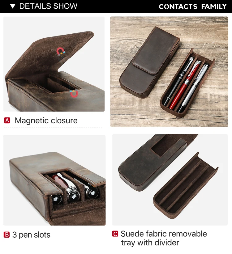 Luxury Office School Genuine Leather 3 Slots Pen Case Organizer With
