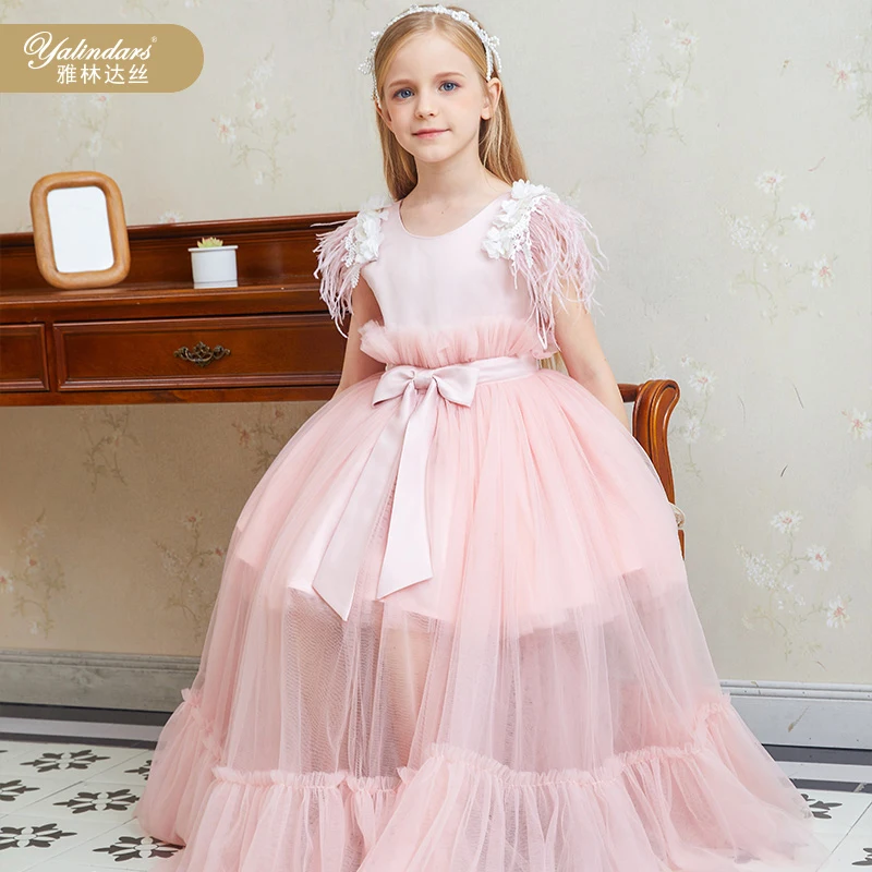 Unique Girls Princess Pageant Long Dress Kids Prom Ball Gowns Tulle Party  Gown Age 3-16Y With Feather Sleeve