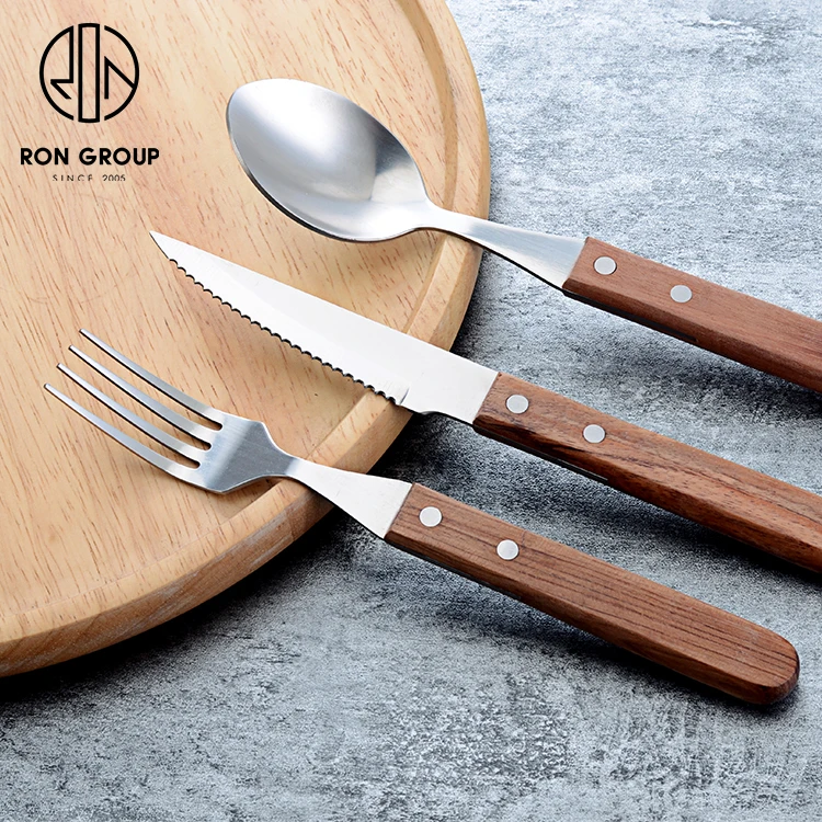 Good quality restaurant knife spoon fork flatware with wood handle stainless steel 304 cutlery sets