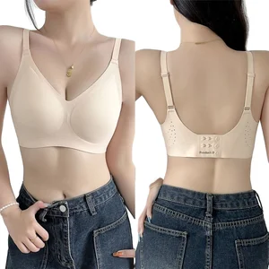 Women's Full Cup Thin Soft 3D Jelly Strip Push-Up Bralette V-Neck Large Size Seamless Bra for Everyday Use Bras