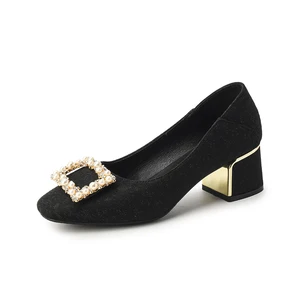 Stylish Black Textured Fabric Comfortable Summer Slip-On Pumps with Square Toe Block Heel Pearl and Gold Buckle