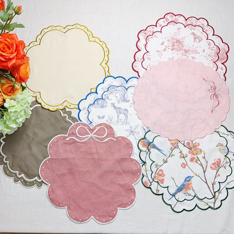 Organic Cotton Linen Embroidered Napkins with Scalloped Edges and Place Mats Eco Wave Design Sustainable Decor Napkin Placemat