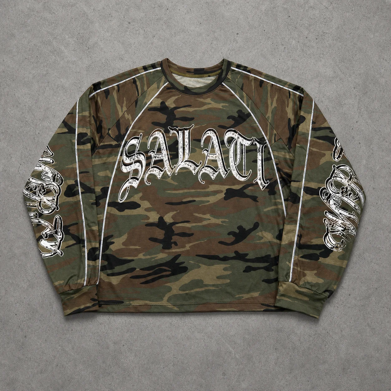 Wholesale Custom Logo Camo Graphic Print Oversized Crewneck Cotton Streetwear Casual Autumn Vintage Men Long Sleeve T Shirt