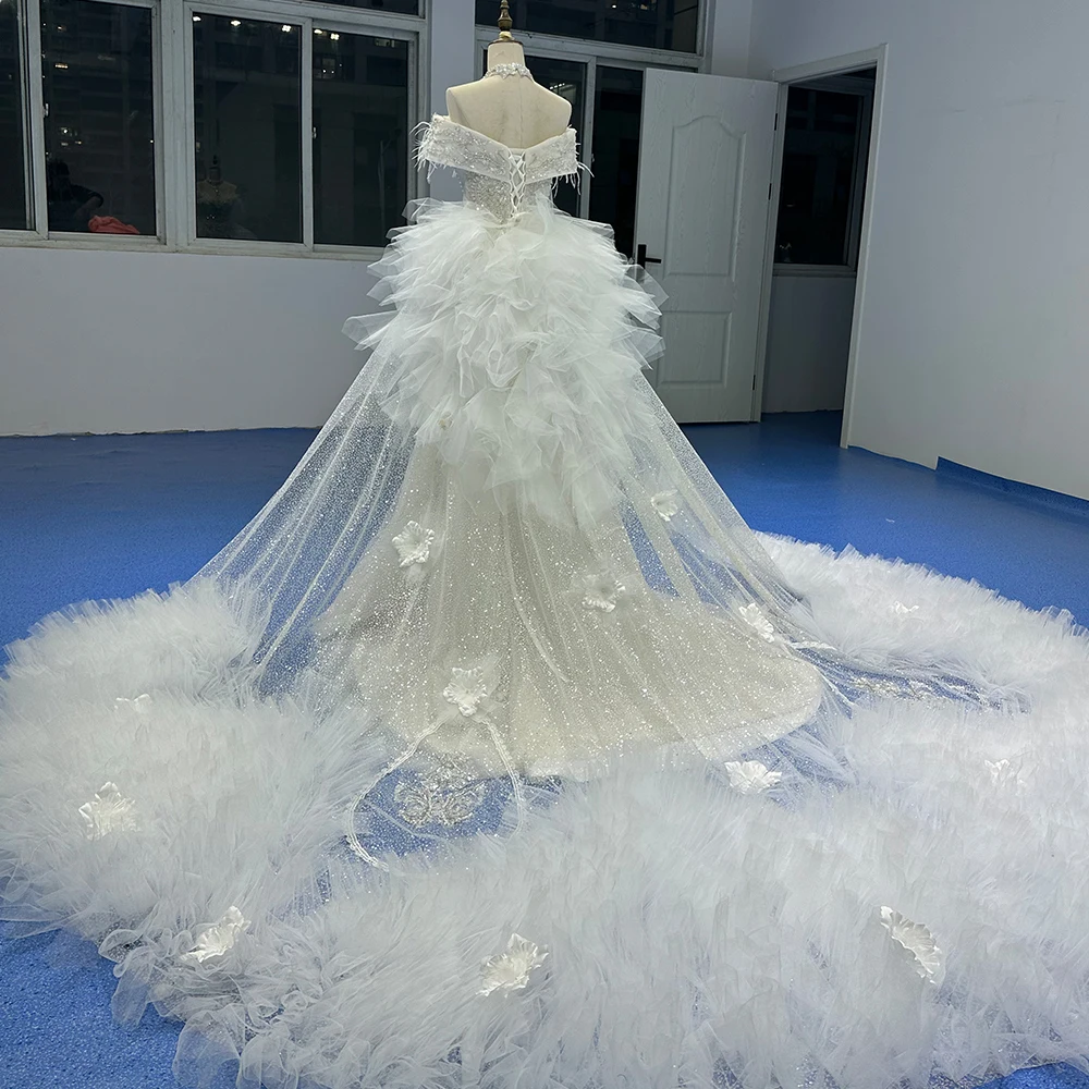 chinese dress ladies Eloise Champagne Princess Off Shoulder with Feather Touch White Mermaid Gown Wedding Dress XXL / White