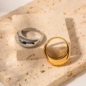 MW Women's Minimalist, Stylish and Trendy 18K Gold-Plated Stainless Steel Wedding Ring - Curved, Smooth, Round Statement Ring