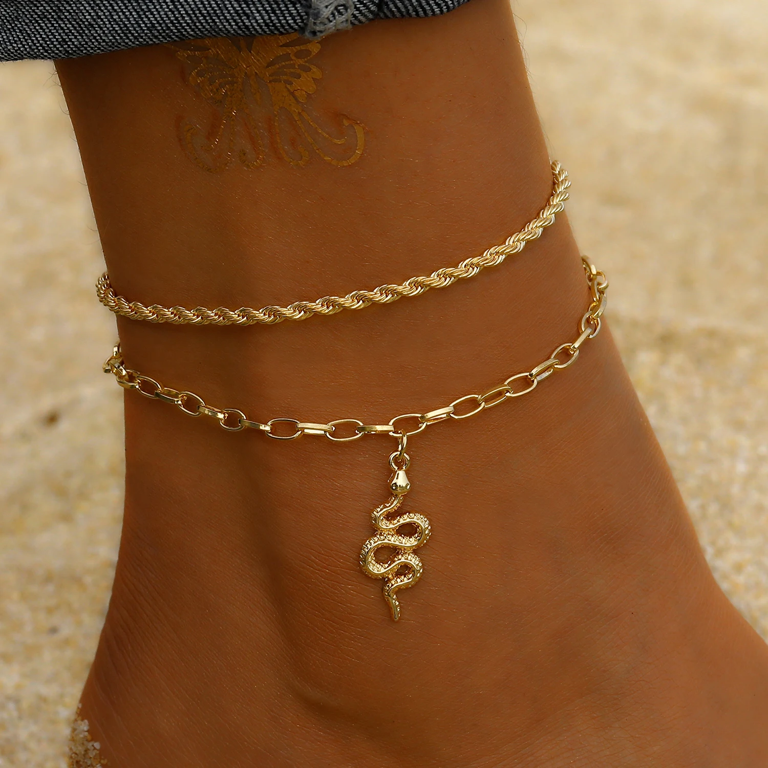VKME Bohemia Newest Gold Multilayer Chain Anklets for Women Beach Barefoot Butterfly Cross Pendant Charm Anklets Jewelry