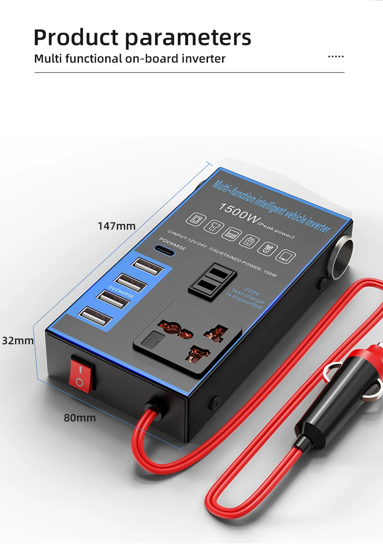 Car Multi-function 12V24VDC Converter AC220V USB Socket Fast Charge Car Power Inverter