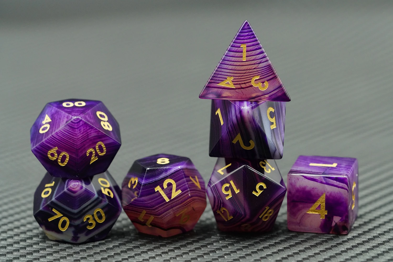 Polyhedral Custom Logo Rpg Dungeons and Dragons Stone Sharp Edge Sides Pattern Natural Purple Agate Gemstone Stripe Dice Set factory