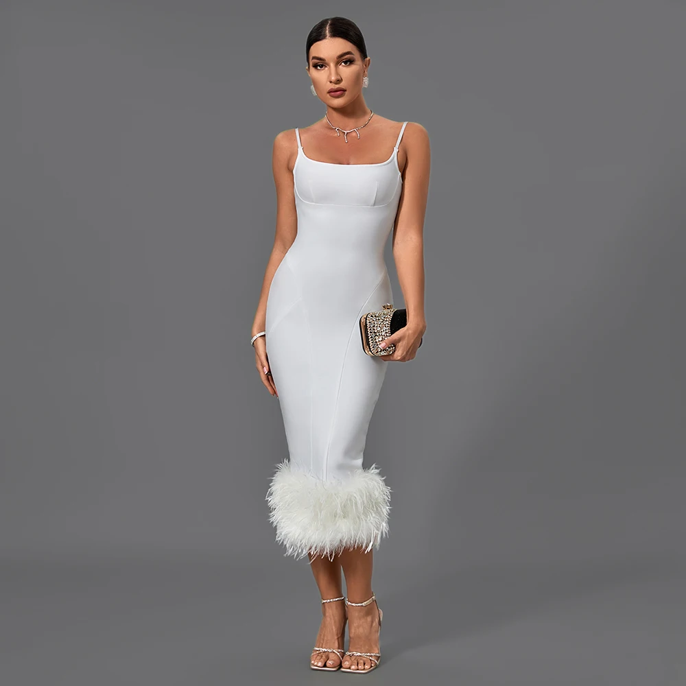 Ocstrade 2024 Fall Hot Style Elegant Party Bandage Spaghetti Strap Dress Feather Slit Long Sleeveless Summer Womens Dresses