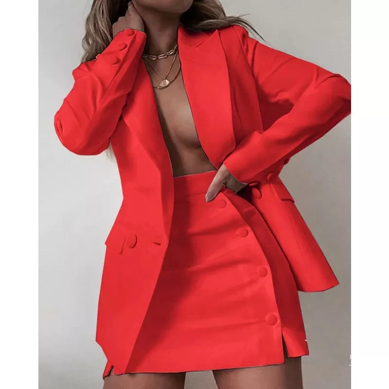 BL302 New 2022 Fasion trend Plus Size Solid Color Women Office Blazers And Dress Two Piece Set