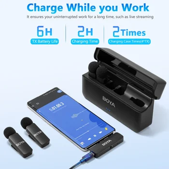 BOYA BY-V4U Wireless Lavalier Microphone with Charging Box 4 Mini Mic Transmitters for iPhone Android Vlog Live detail image