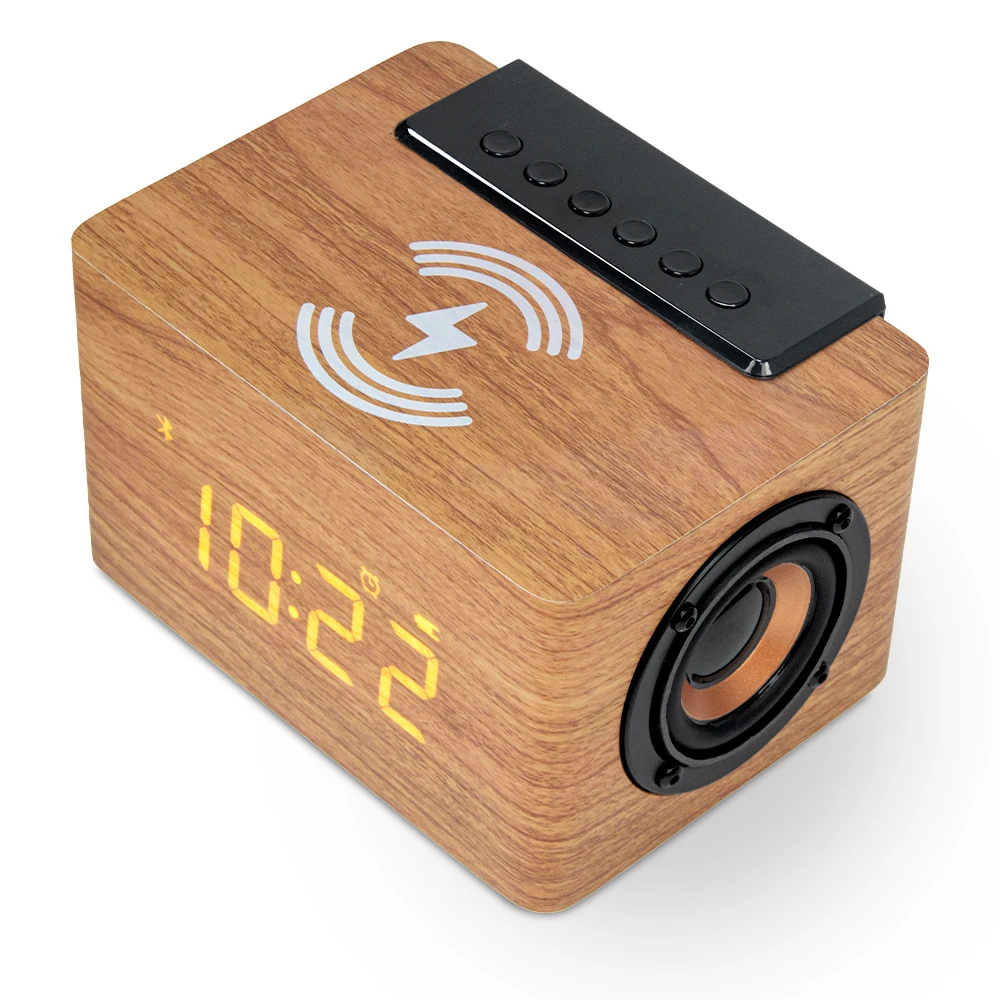 KENUO Multi-function Desk Wooden Pattern  Digital Alarm Clock 10W Wireless Charger Speaker
