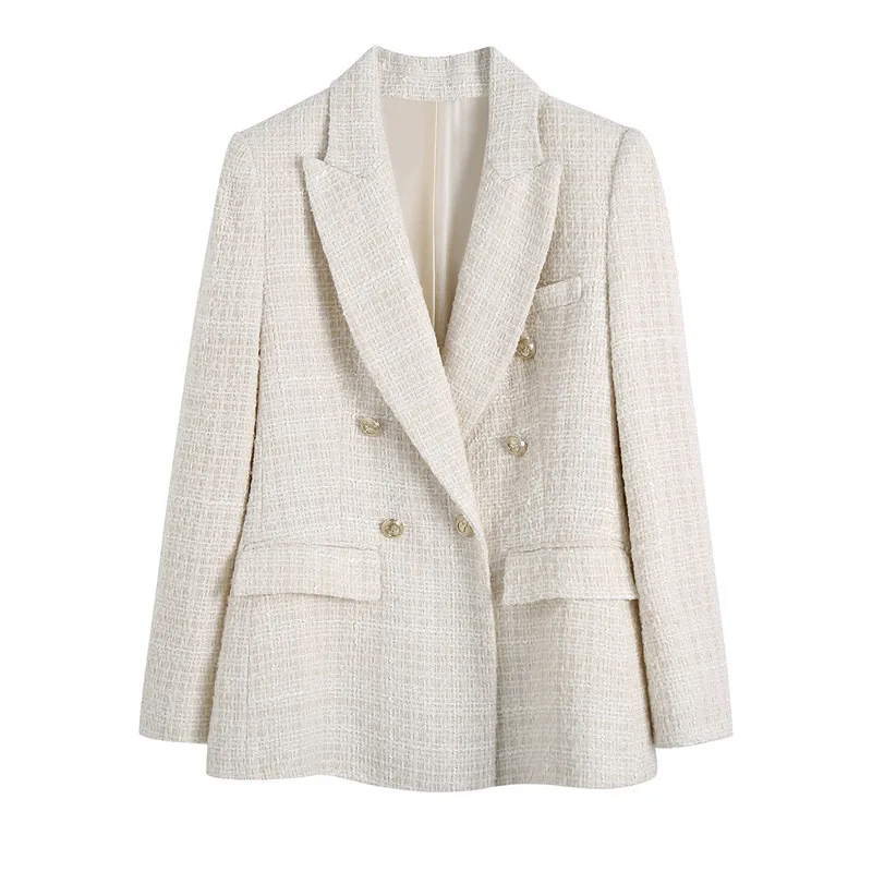 High Quality Elegant Style Solid Color Double Breasted Long Sleeve Notched Collar Casual Tweed Ladies Blazers for Women