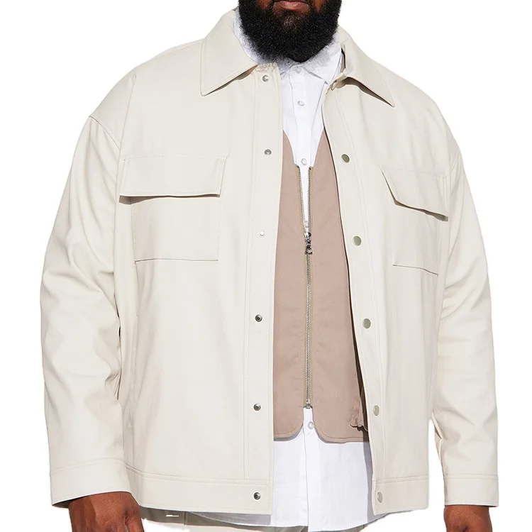 leather jacket Shacket Plus Size Leather Button Jacket Man_voghion.com