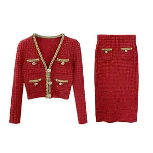 Customize Lady's Wool Suit with Elegant Rhinestone Button Long Sleeve Single-Breasted Top Midi Slim Knit Skirt 2pcs Set