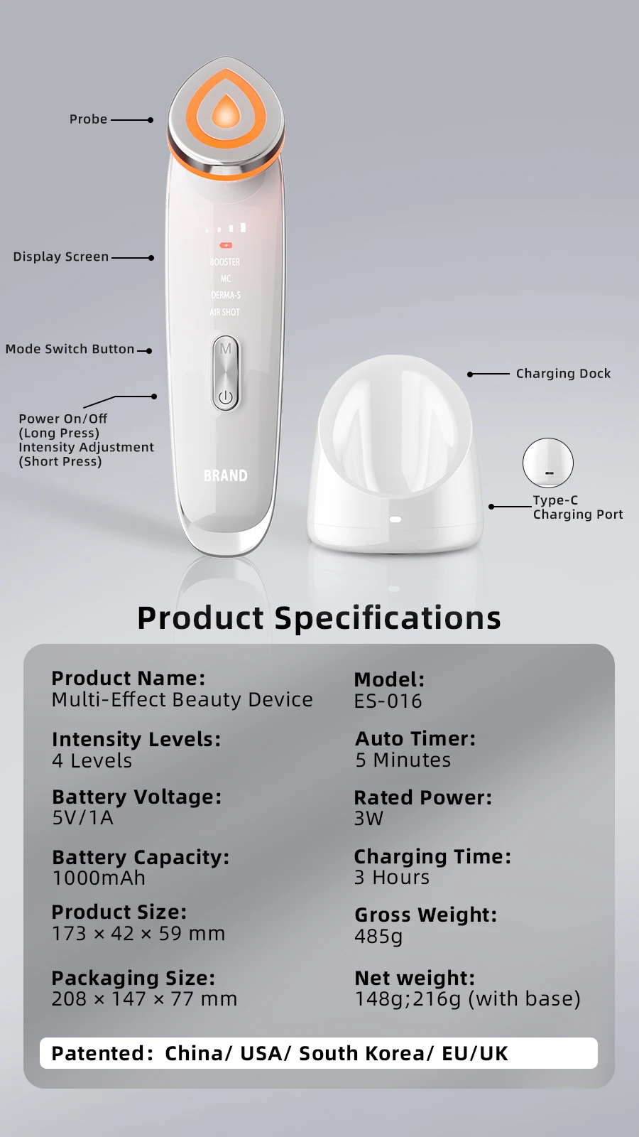 Advanced Multi-functional Facial Beauty Device with Voice Prompt, Customized Logo Charging Stand for Skin Care Enhancement