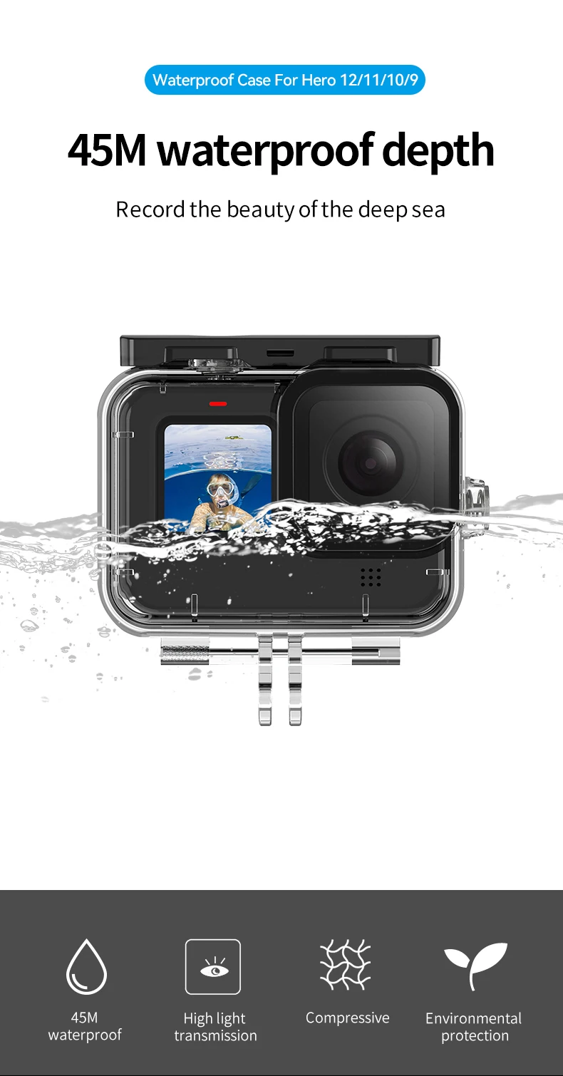 Telesin 45m Waterproof Case Underwater Protective Diving Case for Go Pro Hero12/11/10/9 -- Action camera accessories
