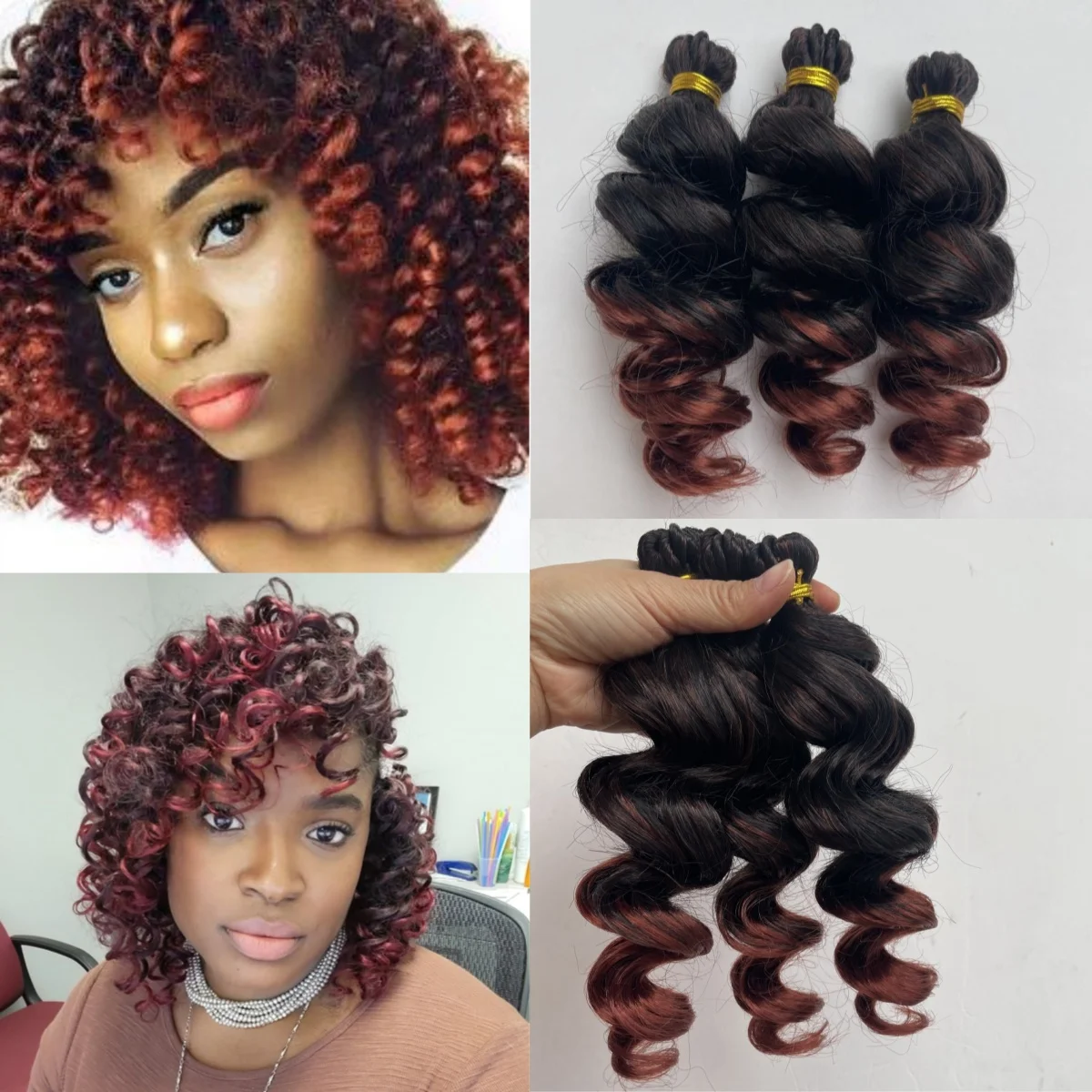 Hair Weave Weft bohemian curl red ombré short hair 100% Synthetic Ruby Hair Extension For Mini Bohem Spring  main image 2