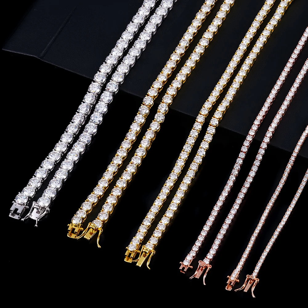 Round Iced Out Hip Hop 2mm 3mm 4mm 5mm 6mm VVS 925 Sterling Silver Diamond Moissanite Tennis Chain Necklace & Bracelet for Women