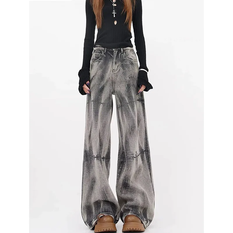 American Style Retro Distressed Tie-Dye Wide Leg Jeans Women's Wasteland Style Loose Drape Floor-Length Summer Quick Denim