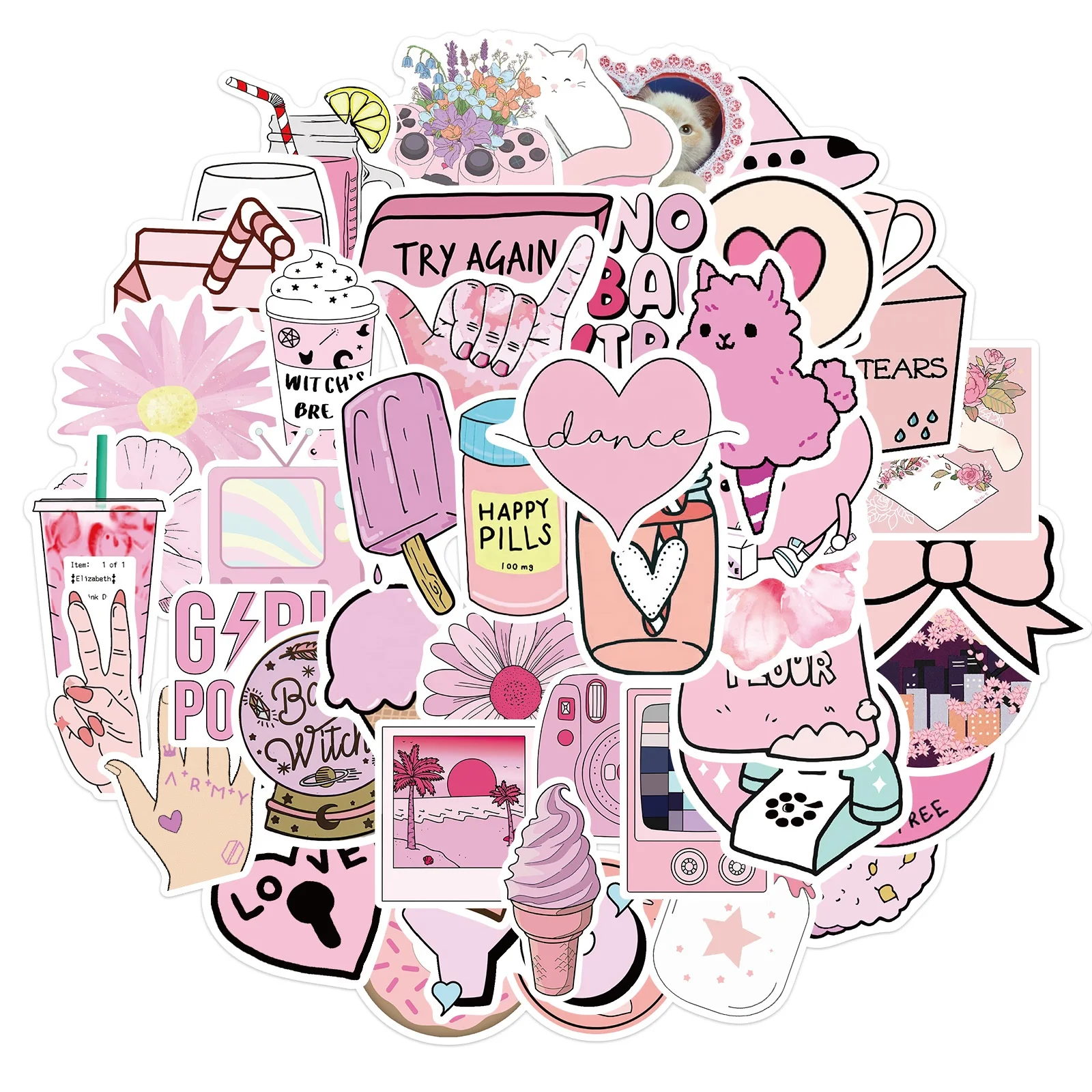 50 pezzi Graziosi adesivi rosa stile preppy, adesivi in vinile per