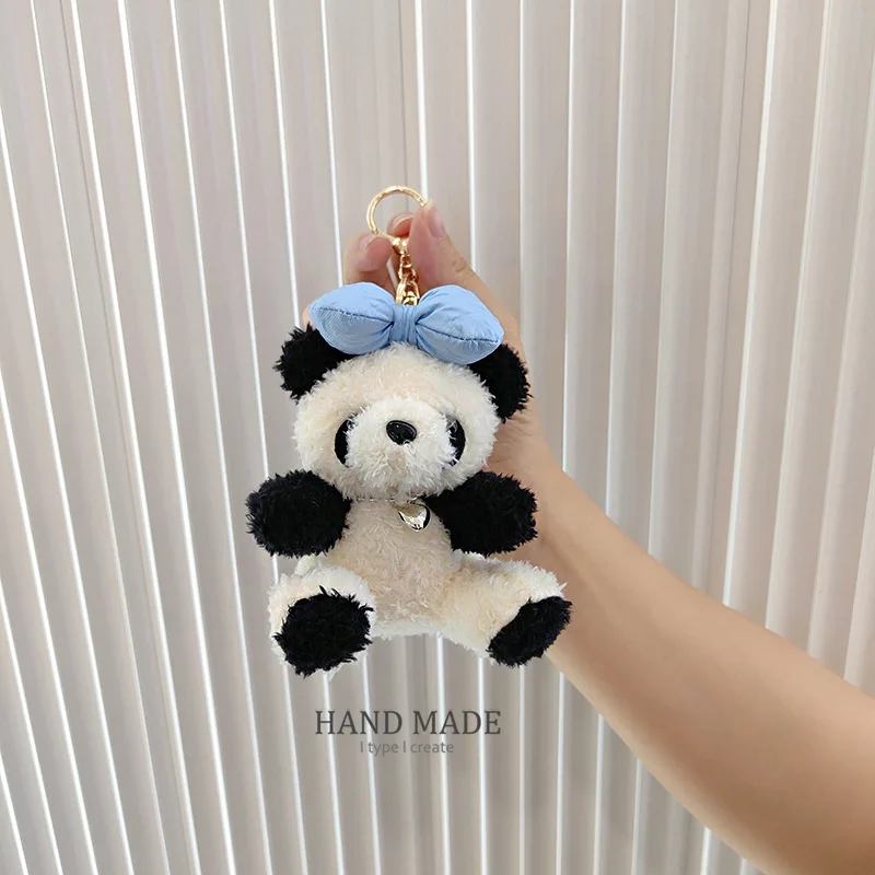 Mini Size Cartoon Kawaii Bow Panda Dolls Plushie Keychain Pendant