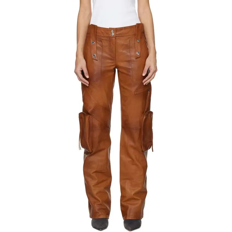 Brown Bellows Pocket Leather Pants Long Pants Leather Custom Wide-leg ...