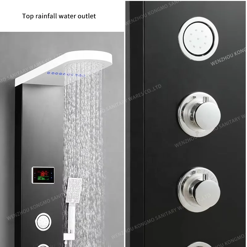 SS304 Stainless Steel Shower Panel Tower Black LED Digital Display Temperature Purite Body Massage Shower Stand Wall Conduit