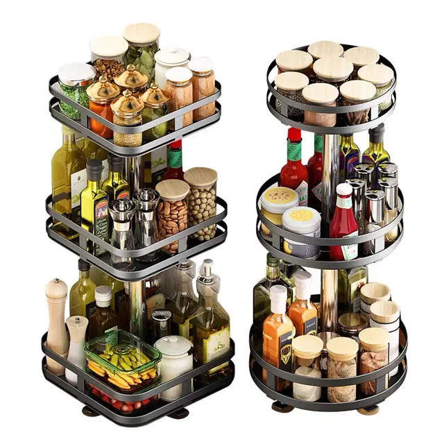 Circular 360 Degree Rotating Spice Rack Metal Standing Storage Three Tier Carbon Steel Kitchen Spice Rack