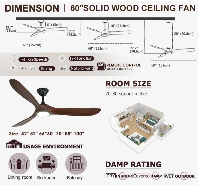 1stshine Fan Ceiling 60inch Ceiling Fan 3 Blade Solid Wood Quiet Dc ...