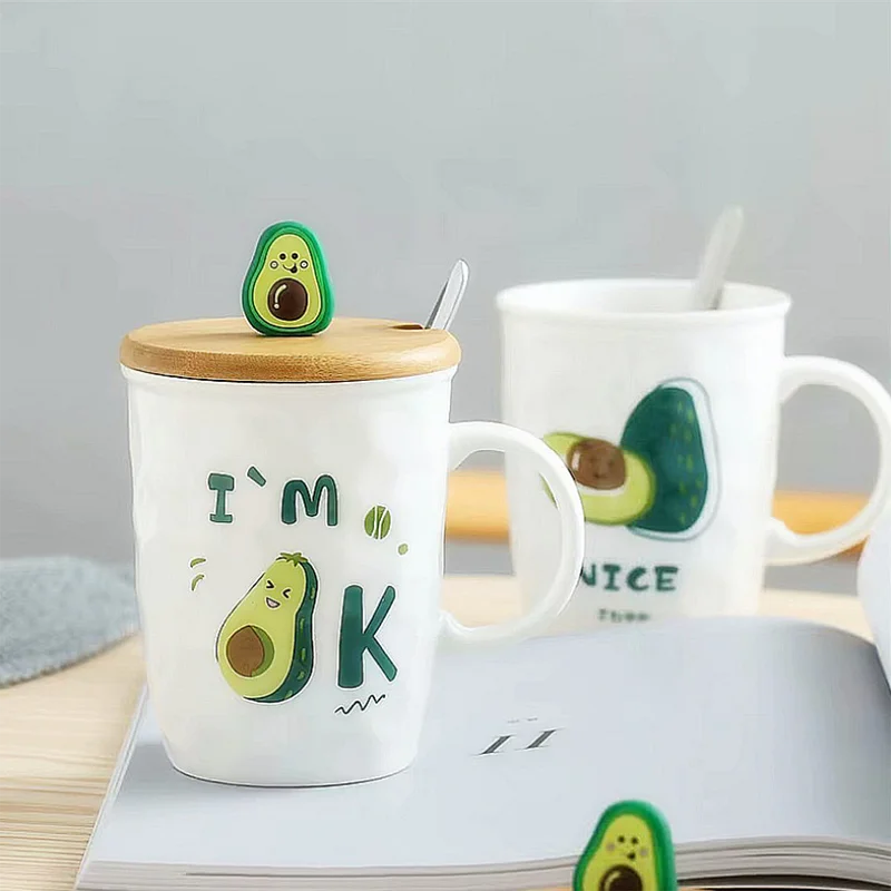 Coffee Cup Coffee Mug with Lid with Spoon Portable Cartoon Avocado Ceramic  Cute Mugs Travel Cup Kawaii Mug Cup Set - AliExpress