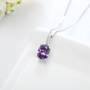 Poliva Elegant 925 Sterling Silver Jewelry Pendants Rhodium Plated Oval Shape Amethyst 3A Crystal Pendant