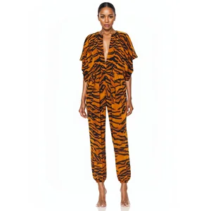 Leopard-print V-neck Corset Foot Bat Sleeve Plus-size High Waist Spring and Autumn Style Shopping   Ladies  Jumpsuits