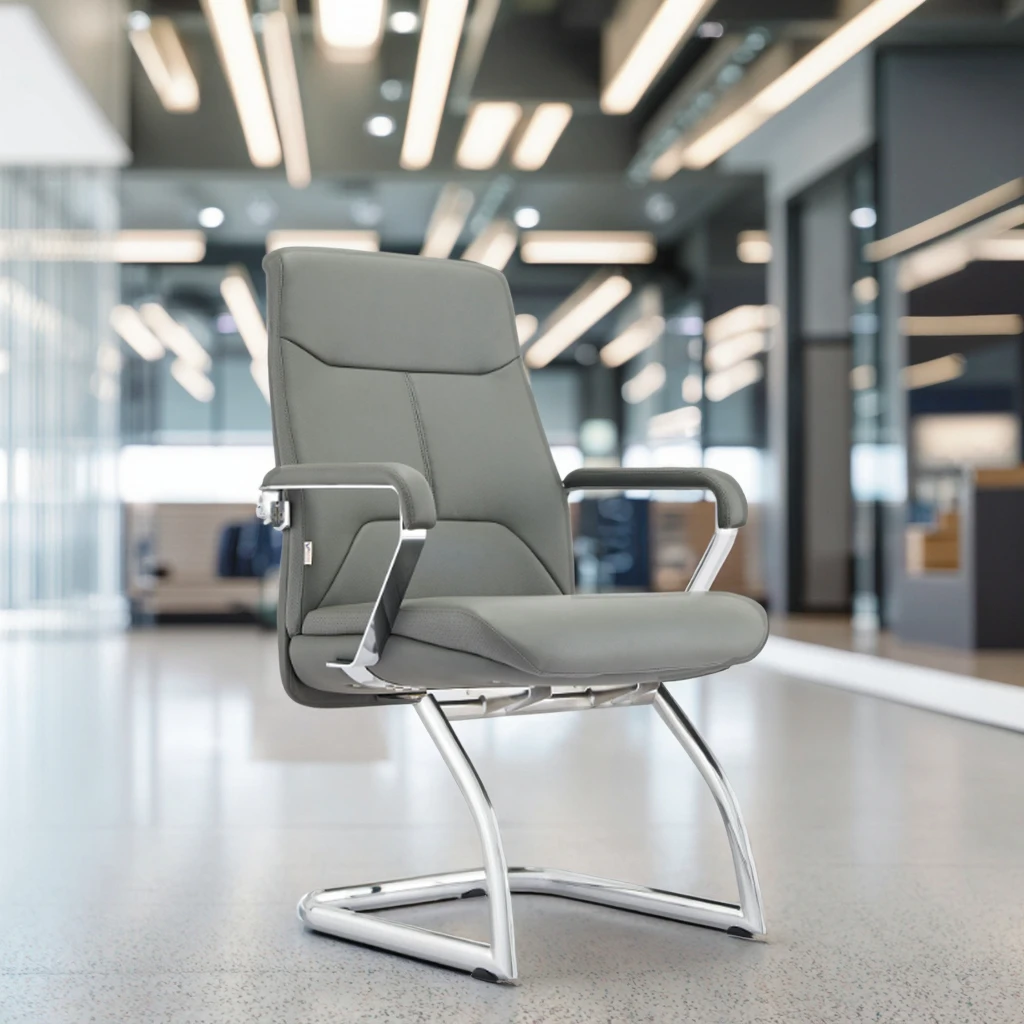 Modern Executive Leather Chrome Frame Desk Chair Fixed Headrest Adjustable Height Swivel Solid Back Aluminium Base Office 2