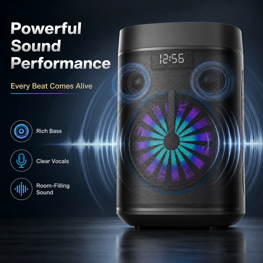 In Stock HS-TS08V88 Inch Portable Karaoke Party Speaker with 5400mAh Battery Wireless Microphone and Triangle Light Effects