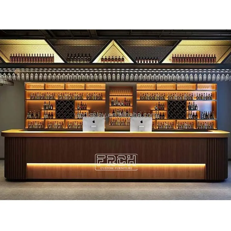 Oem Western Style Simple Service Checkout Marble Top  Wooden Curved Bar Reception Counter Design Divider Bar