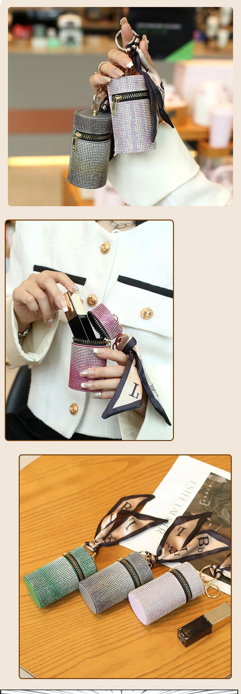 Mini Glitter Lipstick Bag Pocket Leather Keychain Lipstick Bucket Bag