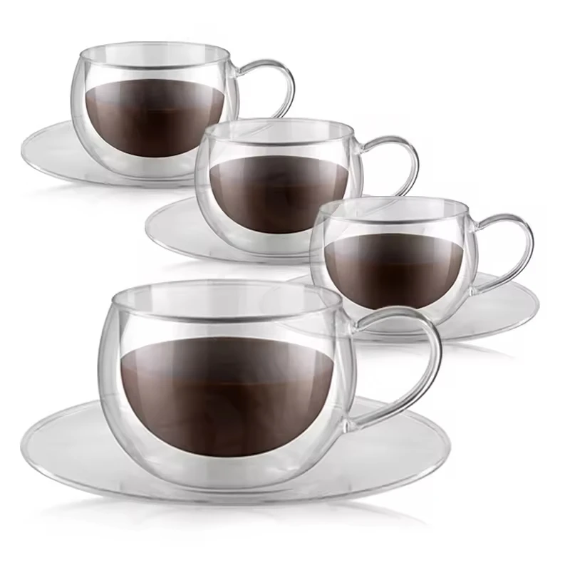 2-Pack 300ml Double Walled Glass Coffee Mug With Handle Saucer,Insulated  Layer Coffee Mugs Clear Borosilicate Glass Coffee Cup