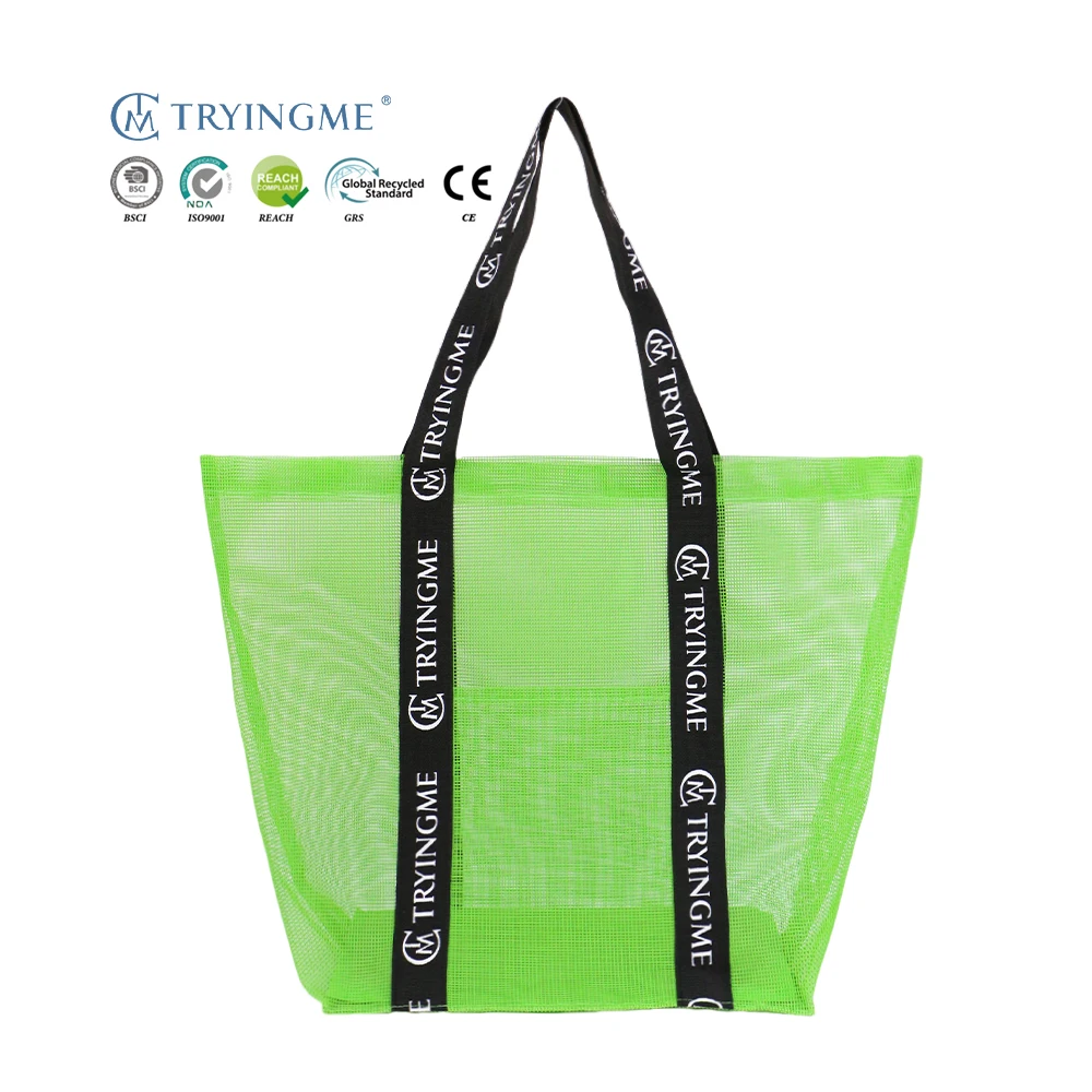 High Quality Reusable PVC Green Mesh Beach Shopping Bag Pocket Sling Custom Webbing Strap with Logo