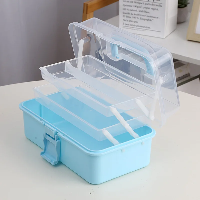 11'' Clear Plastic Craft Storage Box, Sewing Box Organizer 3-Layers with Removable Tray, Art Storage Box with Handle