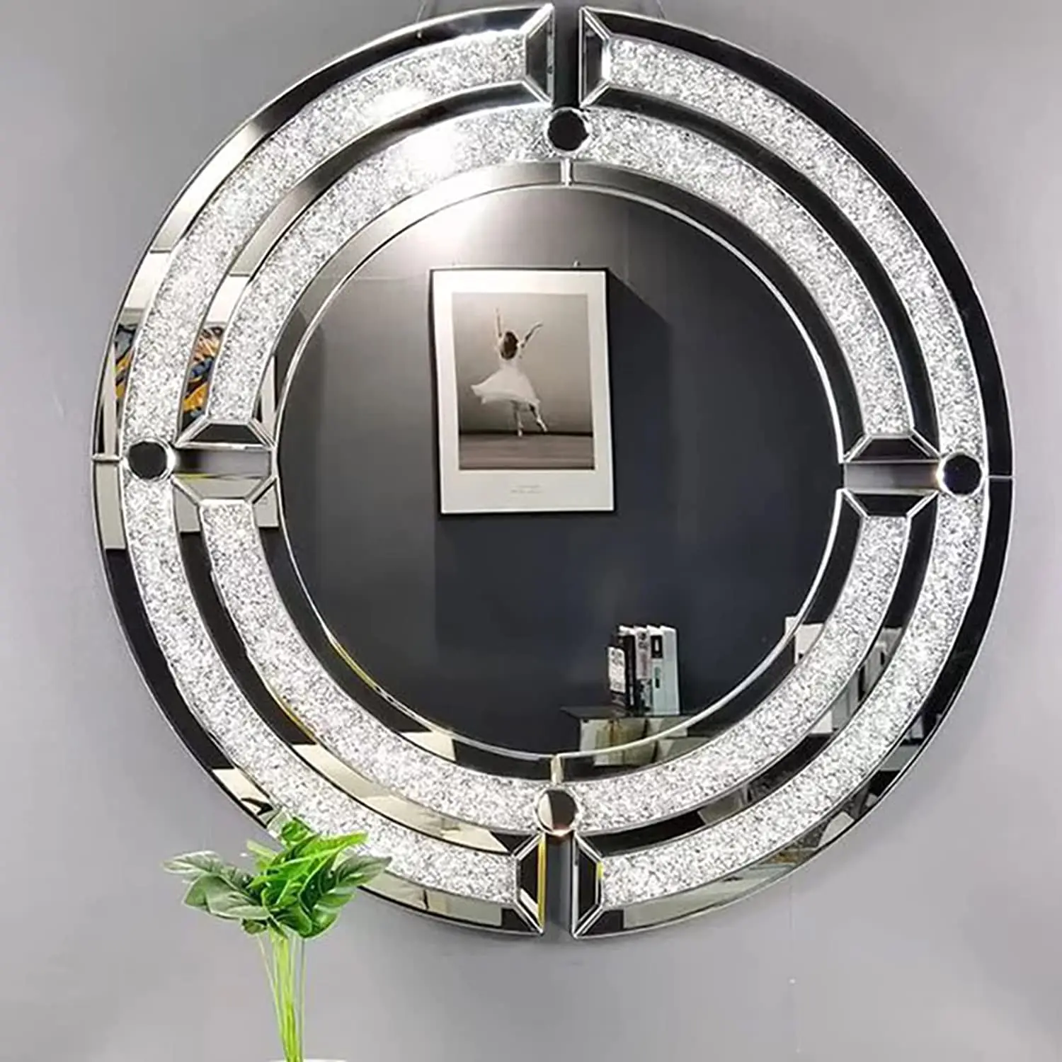 Sparkle Round Crushed Diamond Crystal Mirror Large Living Room