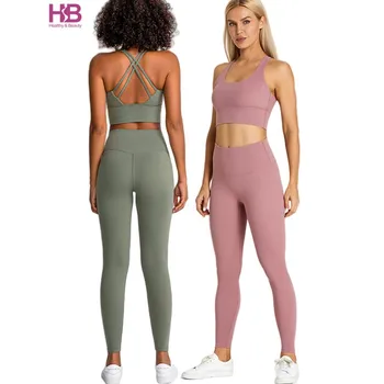 Sportswear Crisscross Straps Sports Bra 2 Pieces Workout Set Hi-Waist Leggings Yoga Clothes Activewear Yoga Set