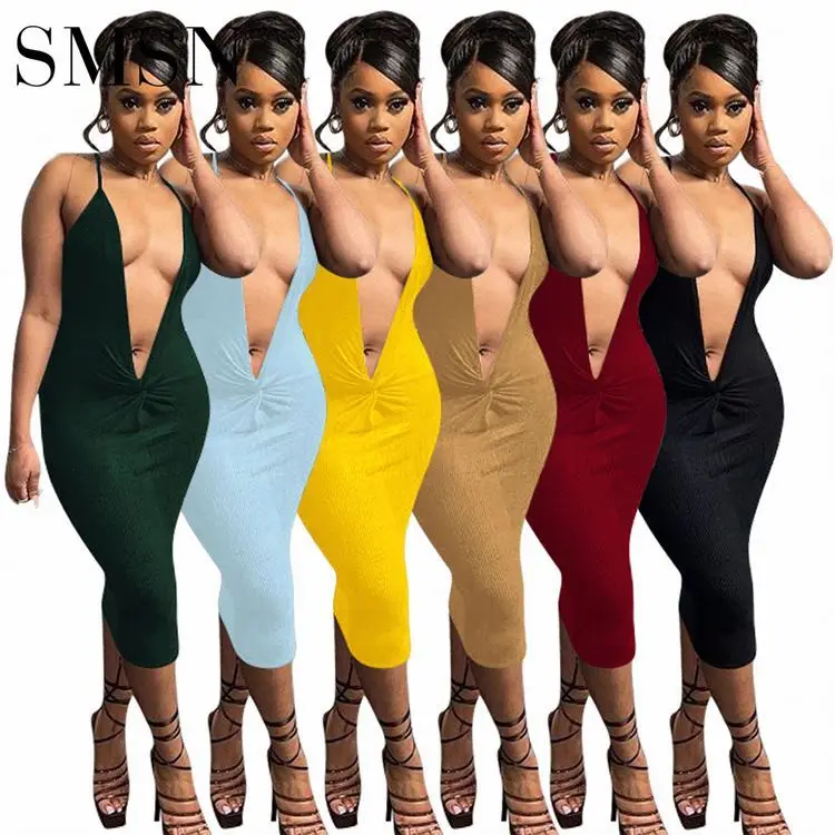 Wholesale Casual Plus Size Dress 2022 solid color sexy bodycon sleeveless deep V neck Ribbed small pit strap mid-length dress From