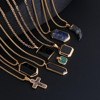 Stainless Steel Gold Plated Jewelry Black Onyx Agate Green Turquoise Charm Pendant Natural Gem Stone Single Gemstone Necklace