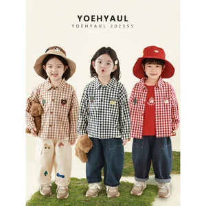 YOEHYAUL N5690 Spring 1-10T Unisex Boy Girl Kids Children Polo Shirt Wholesale Plaid Cotton Toddler Girl Shirts for Boys