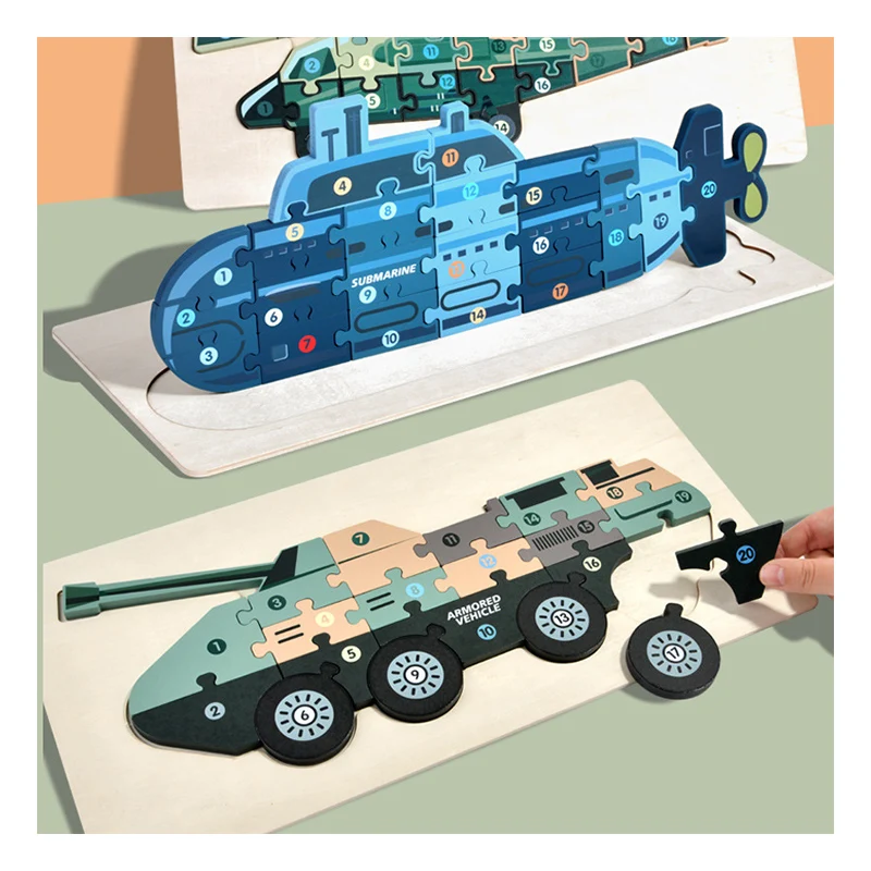 Puzzle 3D en bois CPC CE - Jouet éducatif Montessori sur le thème des véhicules militaires - Puzzle pour enfants et bébés de 2 à 4 ans