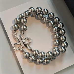 Women Trendy Fashion Charm Chain Beaded Bracelet Artificial Pearl Bows Double-layered Interlock Gift Accessory Designer Jewelry