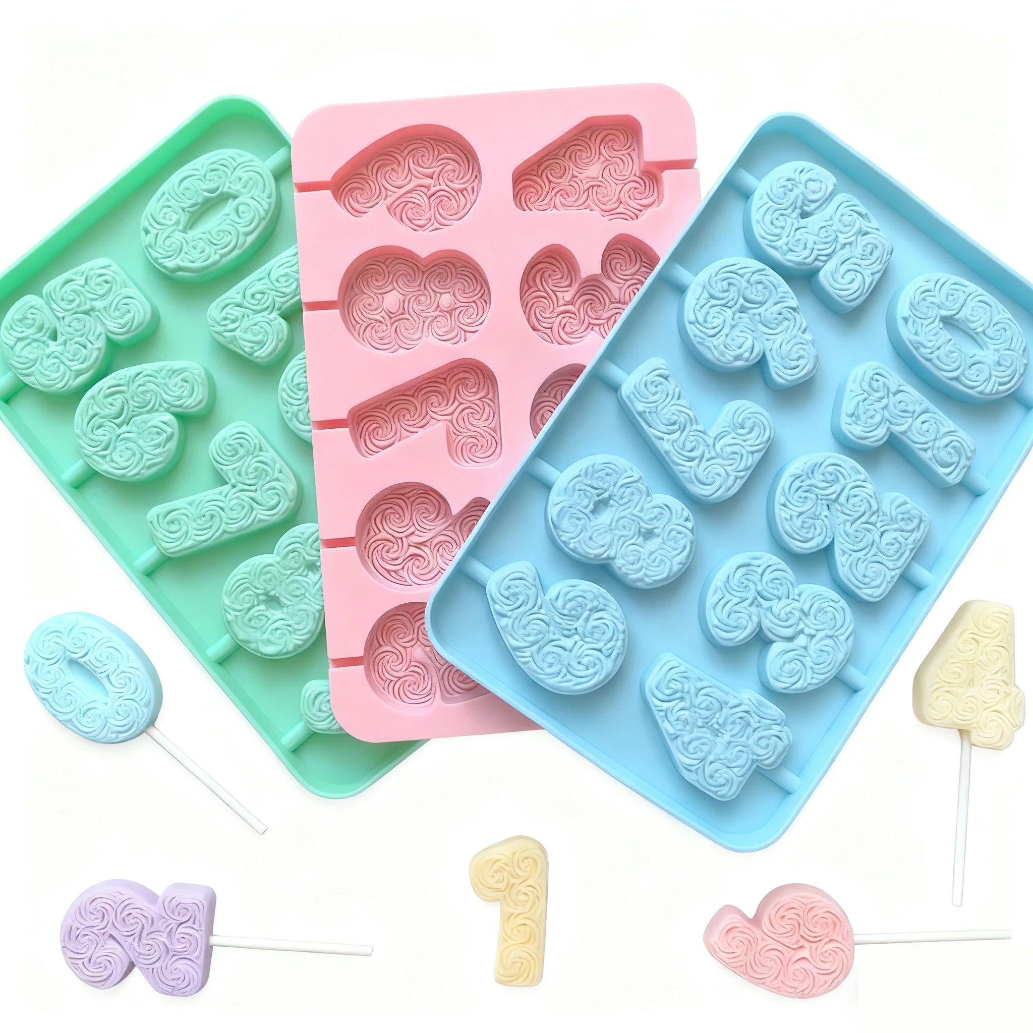 Rose Pattern 0-9 Numbers Shape Lollipop Silicone Mold Handmade 3D Chocolate Cake Jelly Candy Silicone Mold