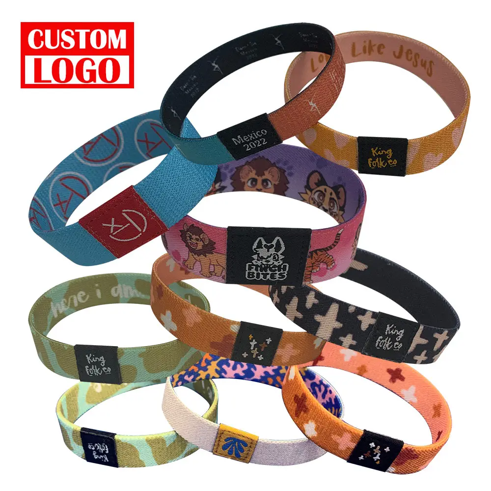 Cheap Custom Logo Full Color Print Party Sport Basketball Festival Polyester Bracelet Sublimation Fabric Woven Elastic Wristband