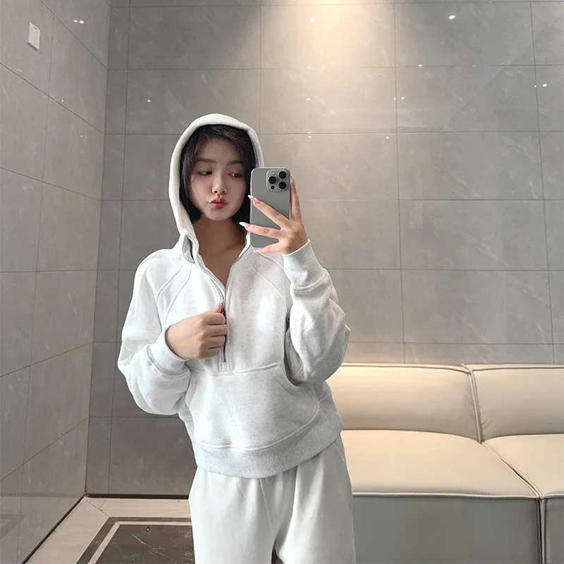 Embroidered Casual for Sweatshirt Regular Half-Zip Hoodie Autumn Sports Fitness Fleece Y preview